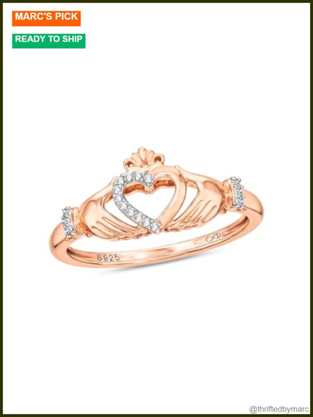 Diamond Claddagh Ring 18KT Rose Gold Vermeil 925 Sterling Silver